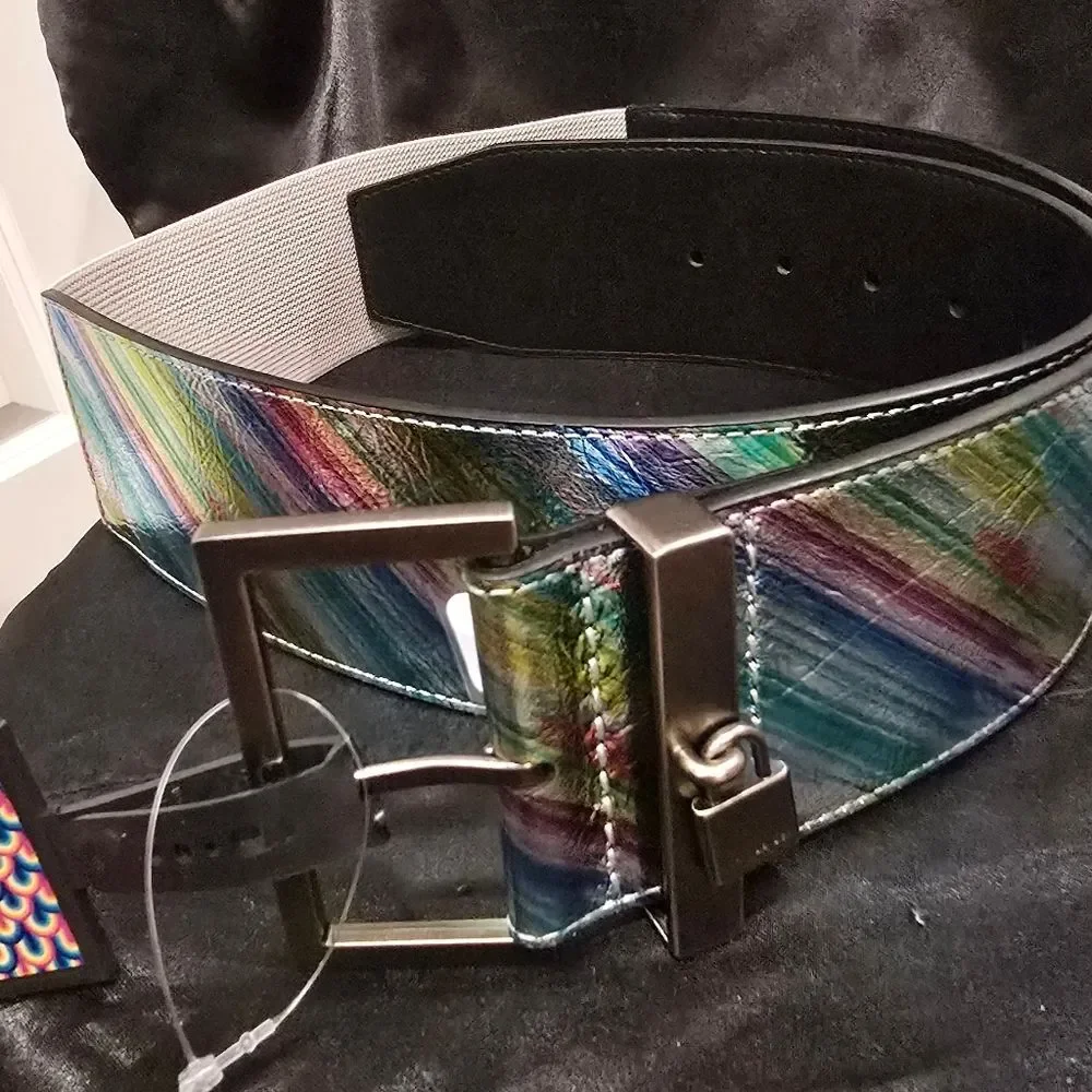 Kurt Geiger‎ London Leather Stretch Belt- Light Blue/Antique Silver